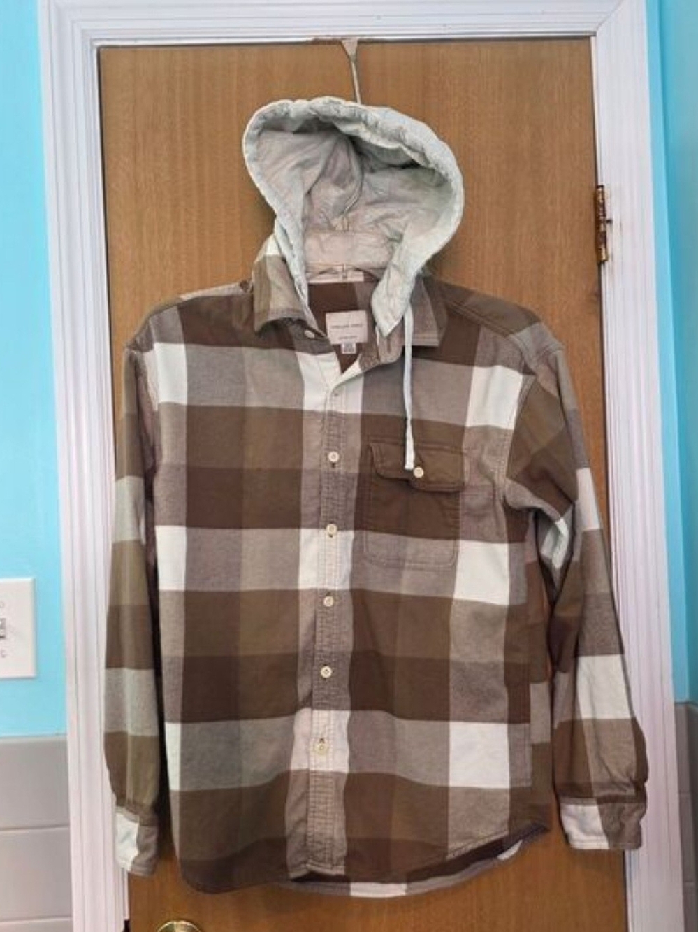 American Eagle Outfitters Brown and Cream Plaid Lightweight Hooded Shirt Jacket